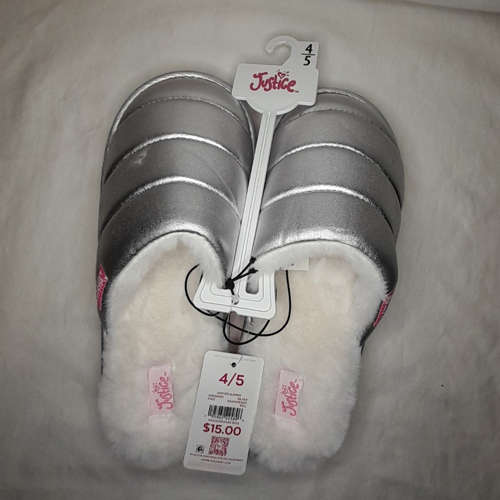 - Justice Shinney Silver and White Faux Fur Slip on Slippers. Womens Size …